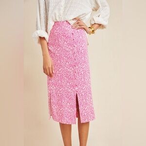 Anthropologie Mila Bulton-Front Hot Pink Floral Midi Slit Pencil Skirt Size 8